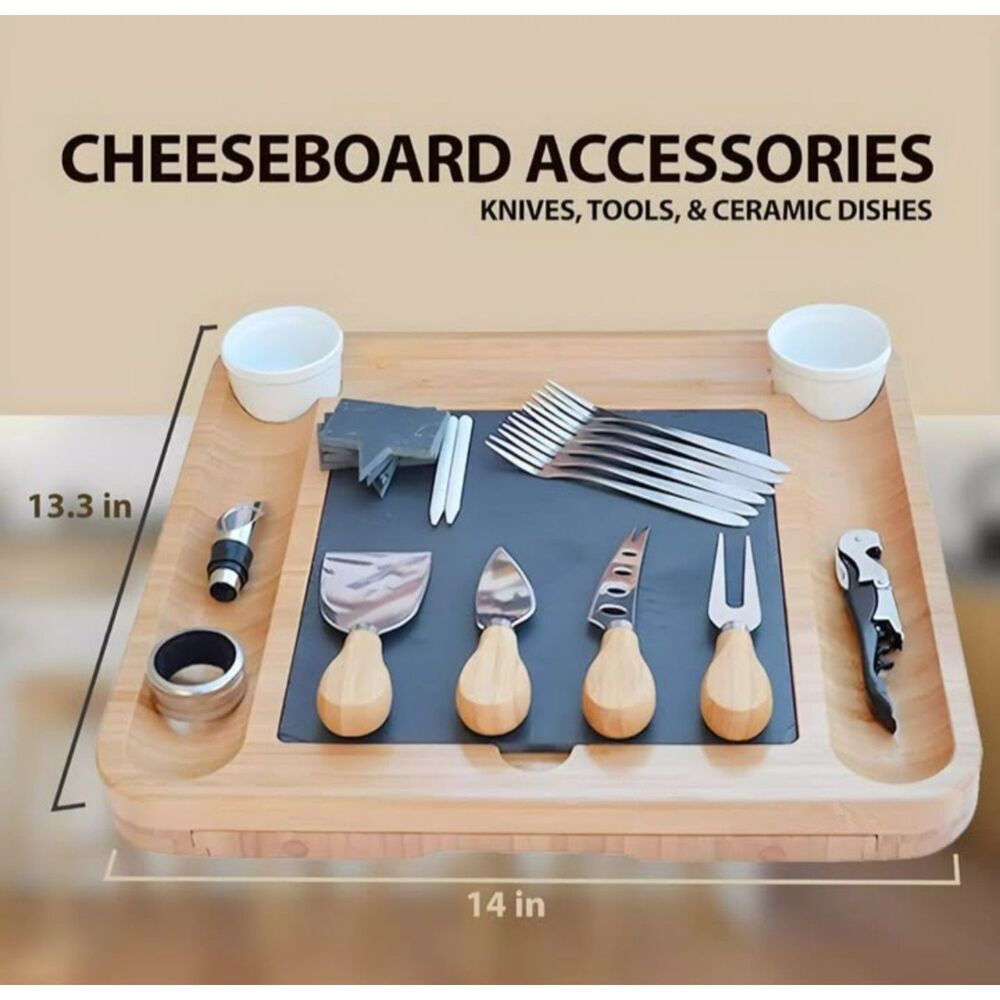 NEW Bamboo Cheese Board and Knife Set, Wood Charcuterie Platter Serving Meat